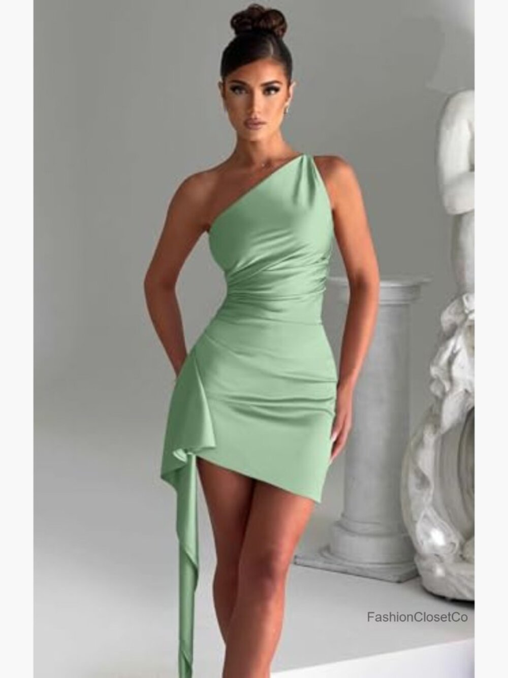 One Shoulder Ruched Bodycon Sleeveless Mini Club Party Dress - Picture 3 of 6